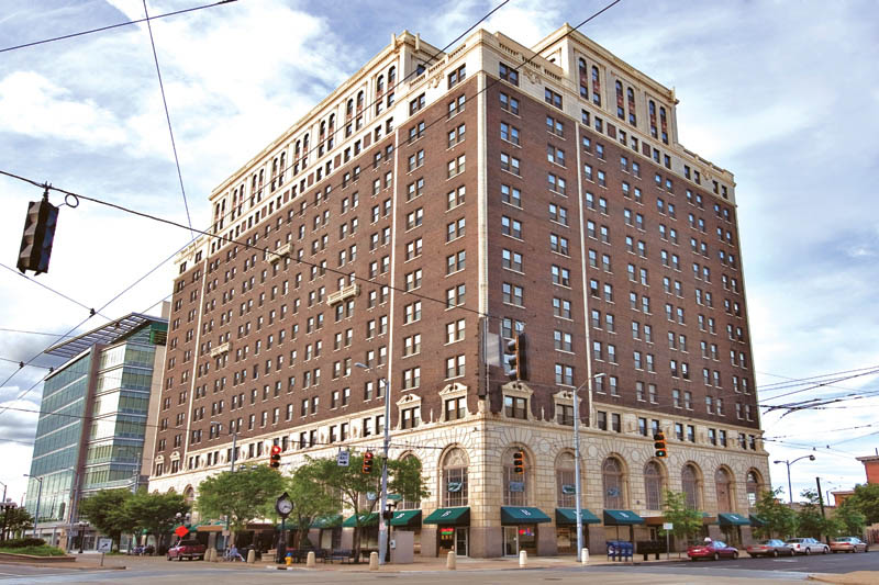 The historic Biltmore Hotel rising above a downtown corner in Dayton, Ohio