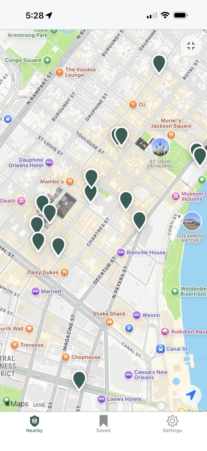 Hidden Here map showing nearby stories in New Orleans