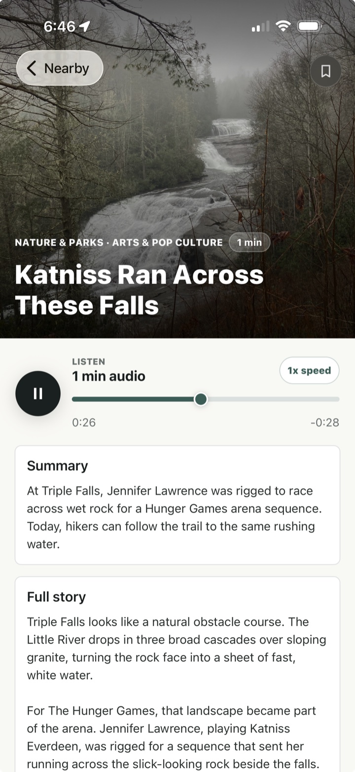 Hidden Here audio story screen with a summary and full story